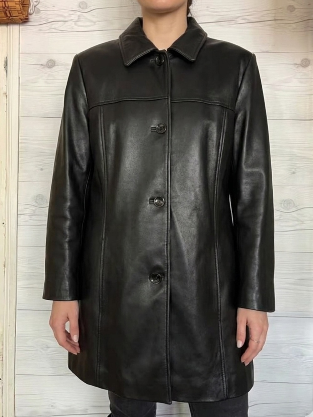 Vtg Wilson’s Leather Jacket Black Mid Length Car Coat Size Large 90s